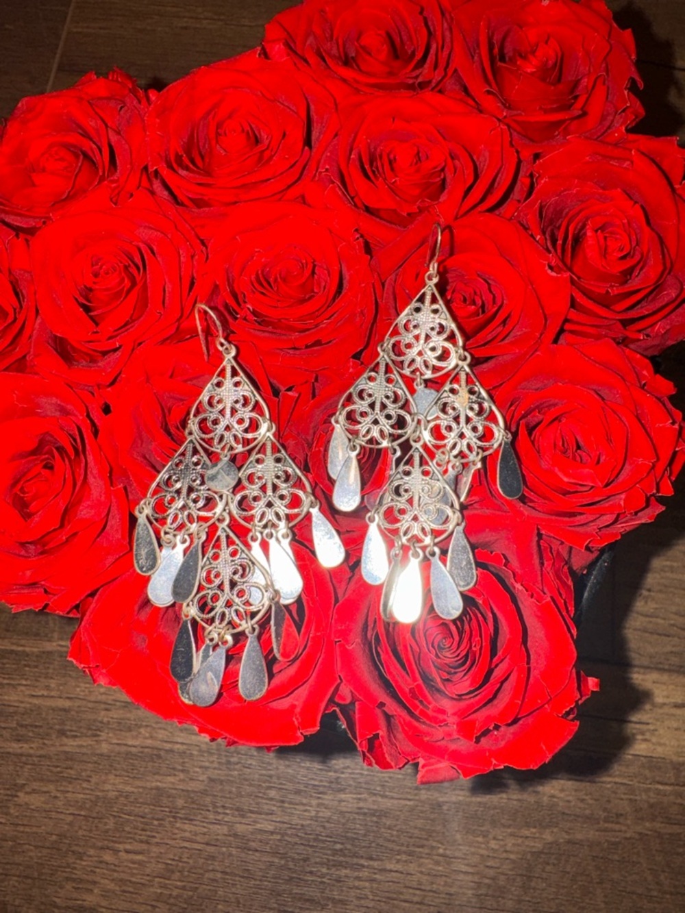 Boho Statement Chandelier Dangle Earrings Silver Tone Filigree Boho Moroccan